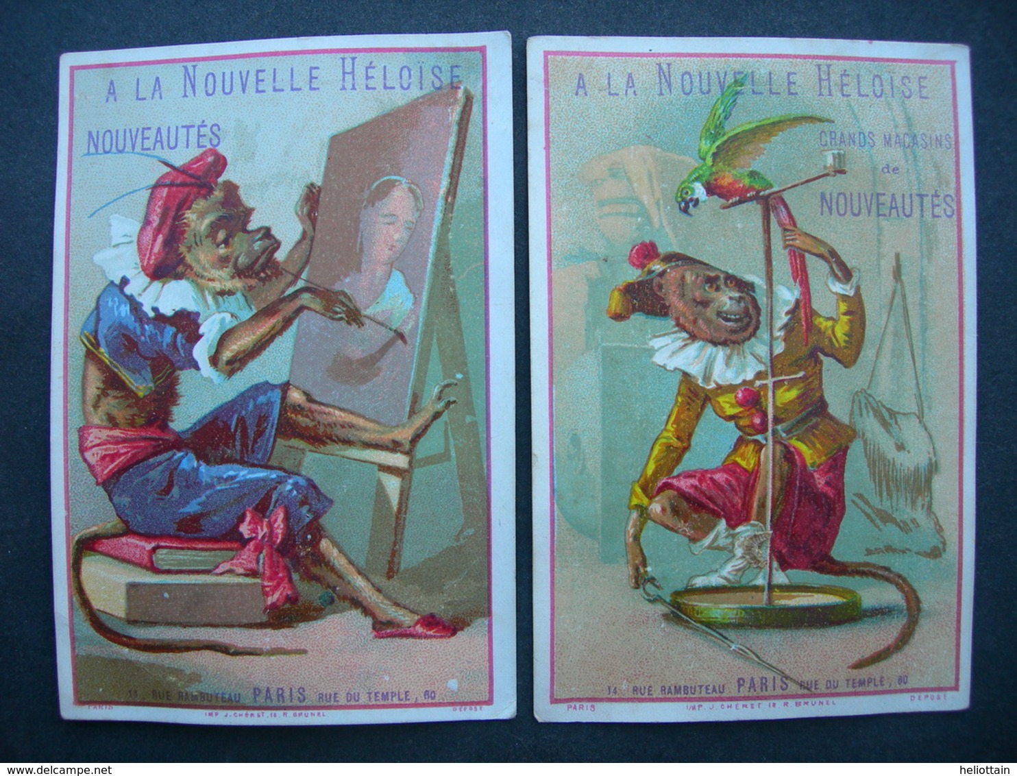 2 CHROMOS Lith J. Cheret : A LA NOUVELLE HELOISE : LES PETITS SINGES SAVANTS / Victorian Trade Card - Autres & Non Classés