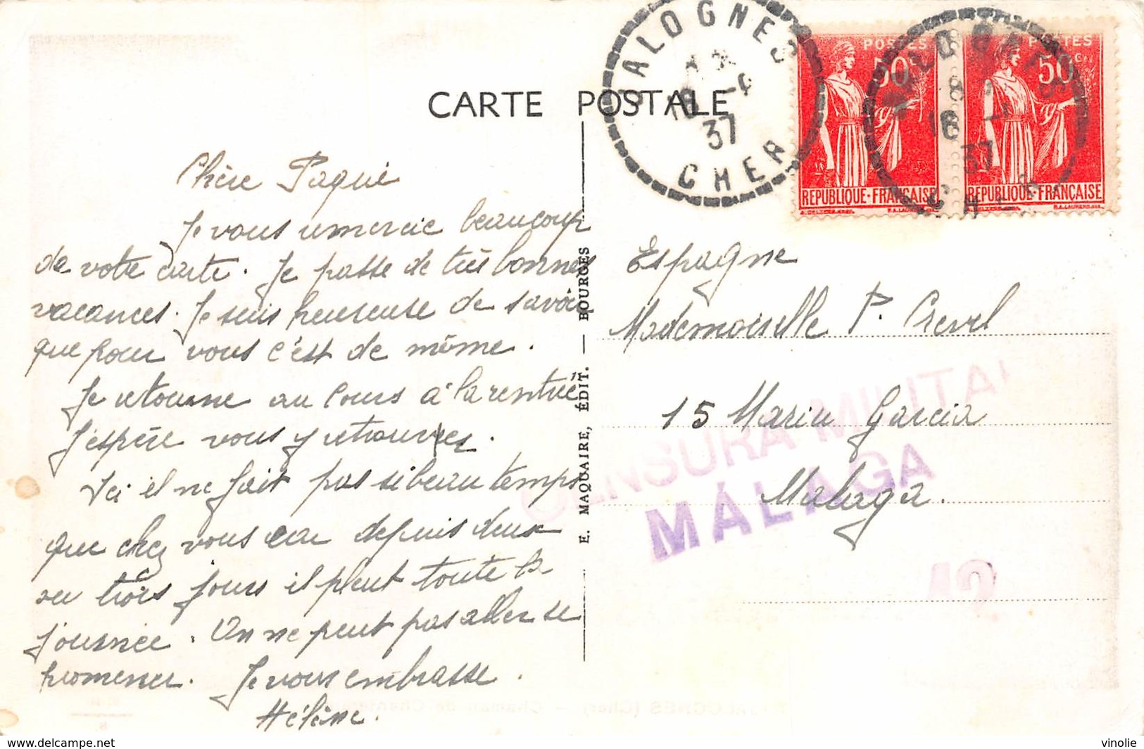 A-19-2574 : OBLITERATION CENSURE  MILITAIRE. CENSURA. MALAGA. ANDALOUSIE. ESPAGNE. 1937 - Nationalists Censor Marks