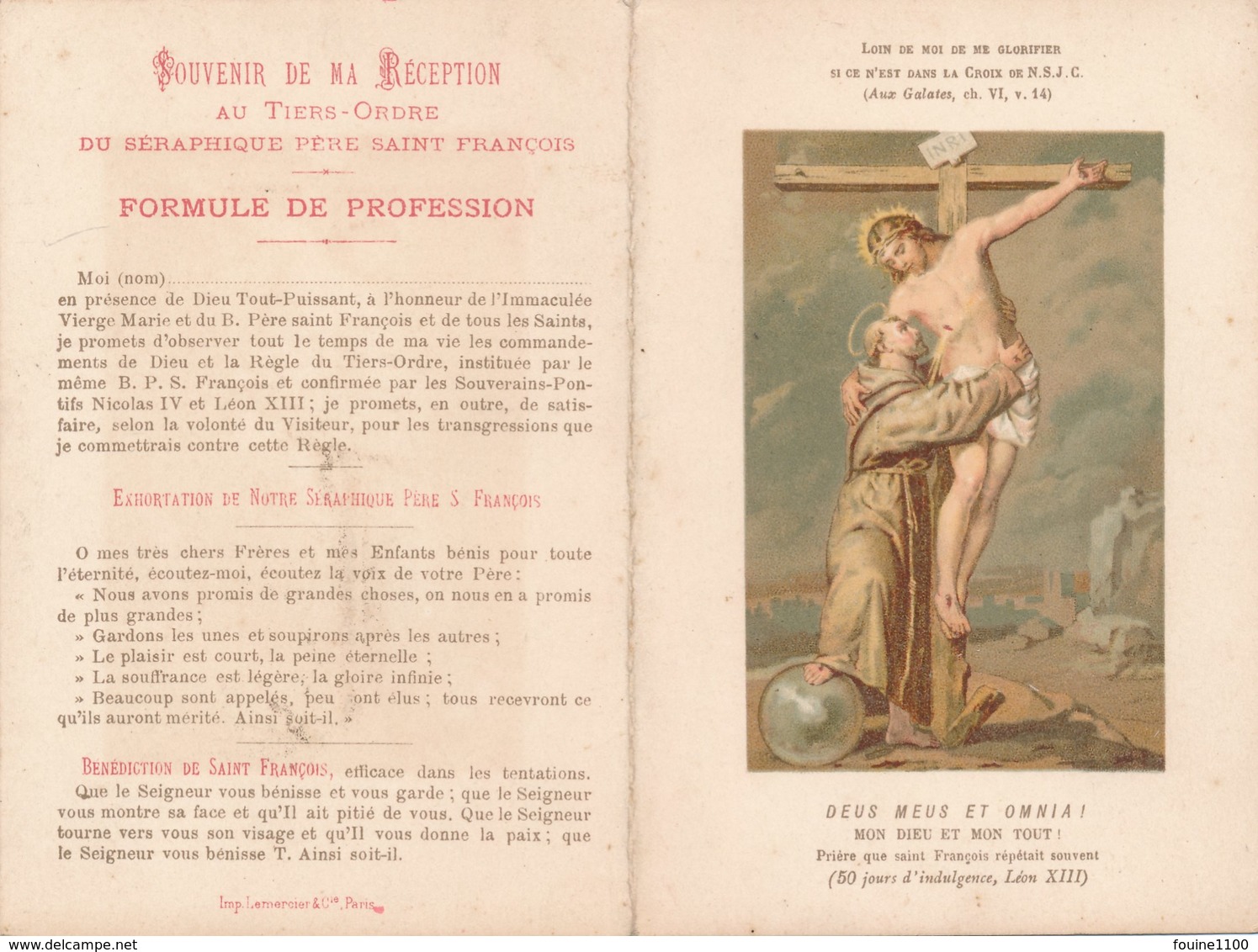 Carte Religieuse à 2 Volets Souvenir De Ma Réception Au Tiers Ordre De Saint François D'assise ( Imp. Lemercier Paris - Images Religieuses