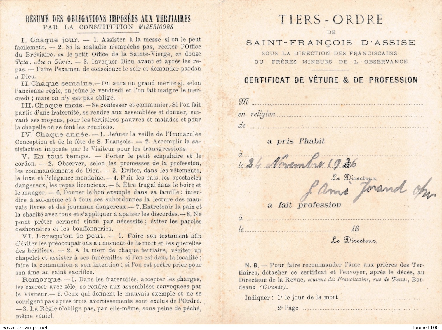 Carte Religieuse à 2 Volets Souvenir De Ma Réception Au Tiers Ordre De Saint François D'assise ( Imp. Lemercier Paris - Images Religieuses