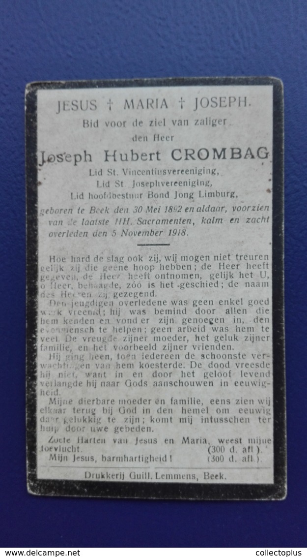 Doodsprentje :  Crombag - Beek 1918 - Images Religieuses