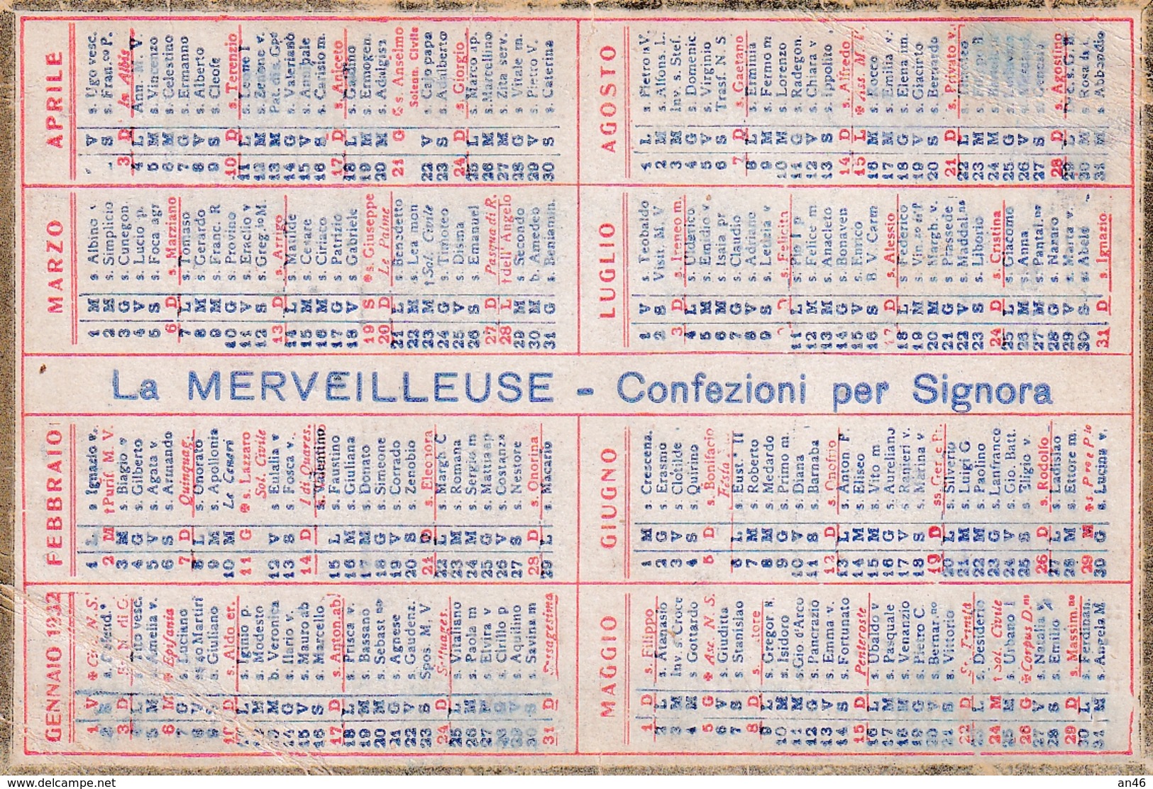 Calendarietto Per L'anno 1932- Pubblicitario Le Merveilleuse Confezioni Per Signora Torino 9,80 X 6,50-an2 - Formato Piccolo : 1921-40