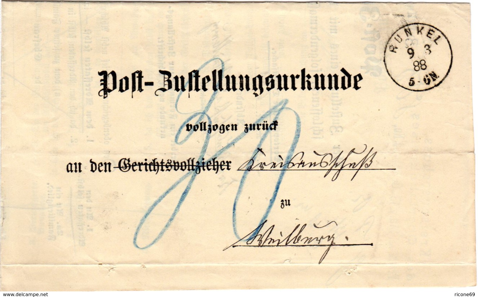 DR 1888, K1 RUNKEL Auf Post Zustellungs Urkunde N. Weilburg.  - Sonstige & Ohne Zuordnung