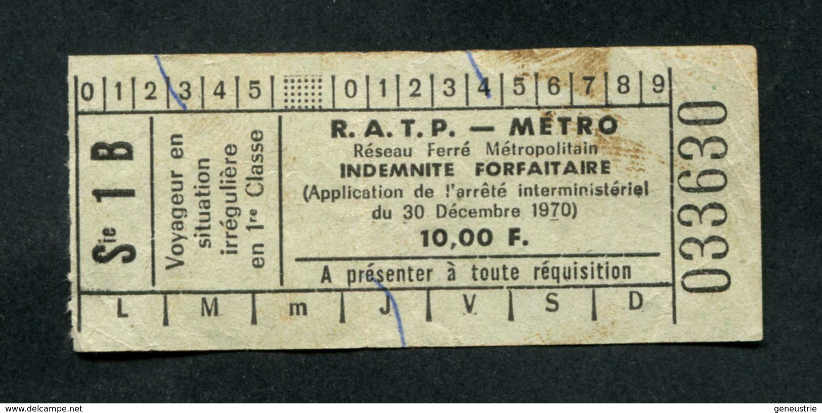 Rare ! Billet-amende - Années 70 - RATP - Métro - Indemnité Forfaitaire De 10,00 Fr - Paris - Autres & Non Classés