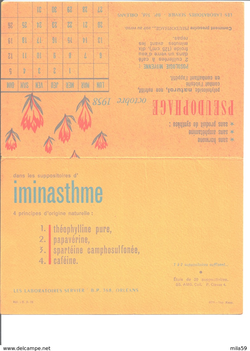 Pseudophage Octobre 1958. Polyholoside Naturel. Laboratoires Servier Orléans; Iminasthme Pyridium. - Autres & Non Classés