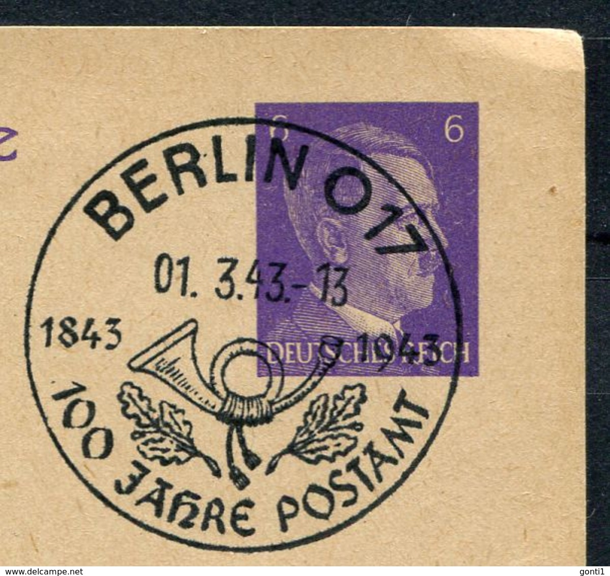 German Empires 1943 Kopfbild A.Hitler GS Mi.Nr.P299 I Mit SST"Berlin O17-100 Jahre Postamt,Posthorn." 1 GS - Briefe U. Dokumente