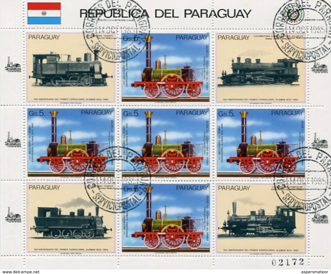 TRENES ALEMANES GERMAN TRAINS PARAGUAY AÑO 1985 YVERT & TELLIER 2182 OBLITERES BLOCK FEUILLET - LILHU - Treni