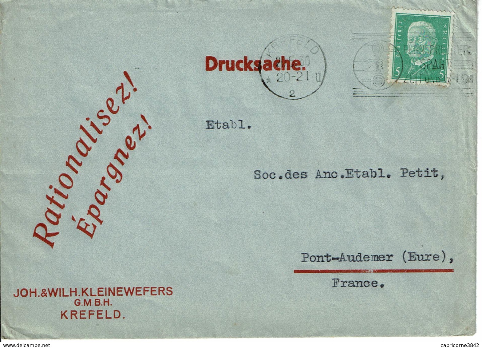 1930 - Lettre De KREFELD Pour La France - Drucksache - Tp Yvert N° 402 - Briefe U. Dokumente