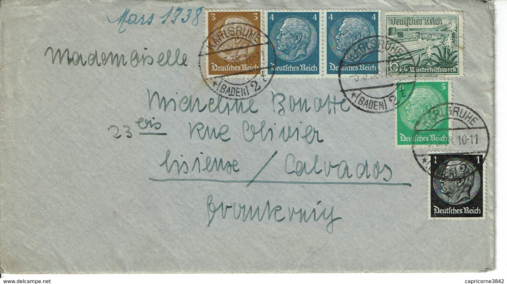 1938 - Lettre De KARLRUHE Pour La France (Lisieux) - Tp Yvert N° 483 + 484 + 485 + 486 + 597 - Covers & Documents