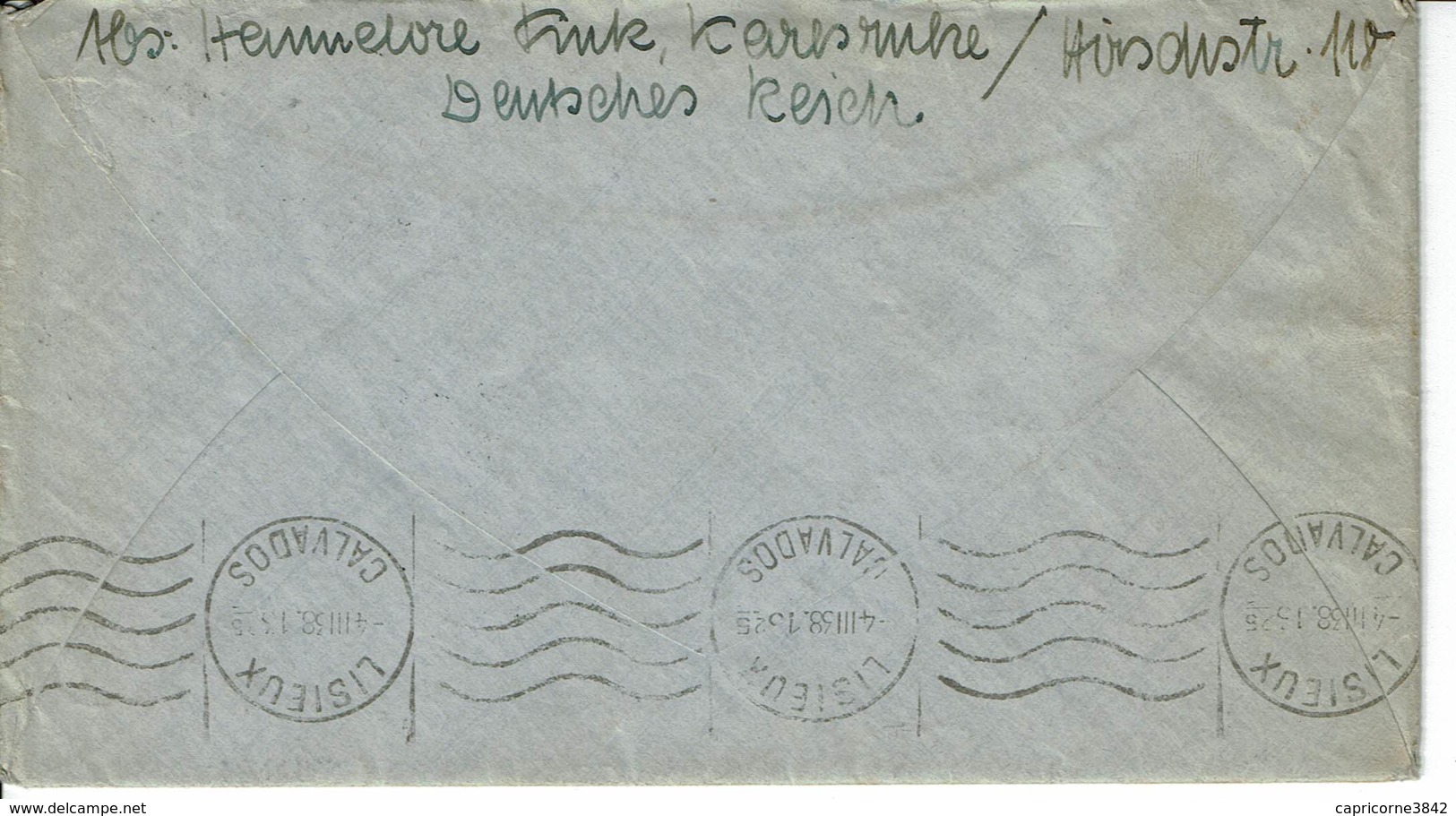 1938 - Lettre De KARLRUHE Pour La France (Lisieux) - Tp Yvert N° 483 + 484 + 485 + 486 + 597 - Covers & Documents