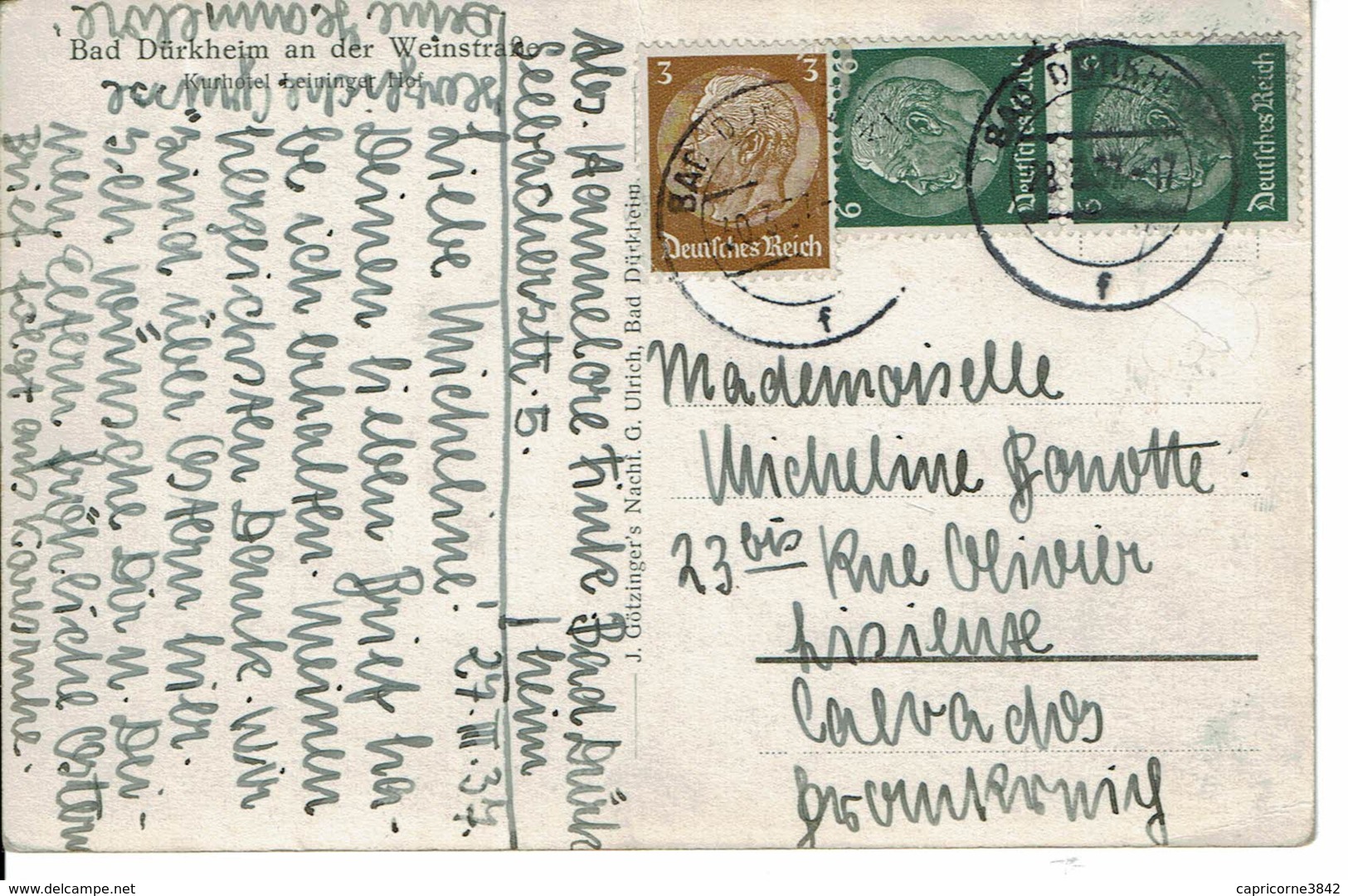 1937 - Carte Postale De BAD DÜRKHEIM Pour La France (Lisieux) - Tp Yvert N° 441 + 4452,5 - Lettres & Documents