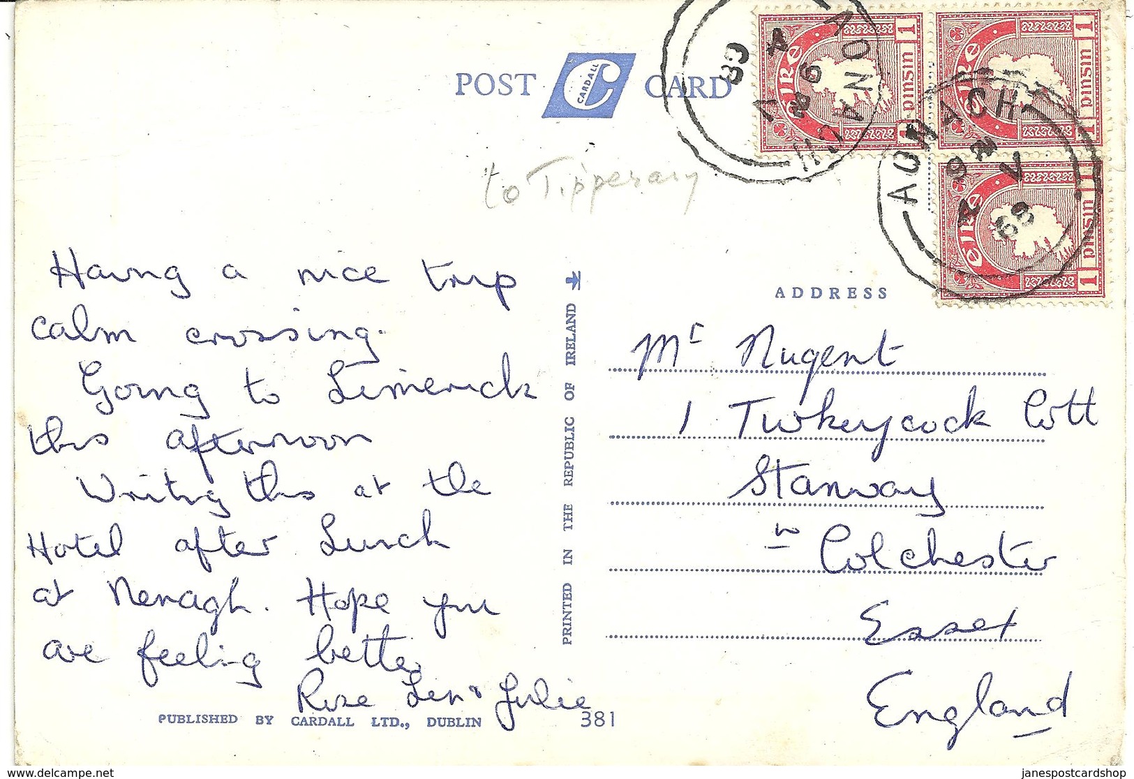 NENAGH - COUNTY TIPPERARY - WITH AONACH POSTMARK - 1968 - VINTAGE CARS - Tipperary