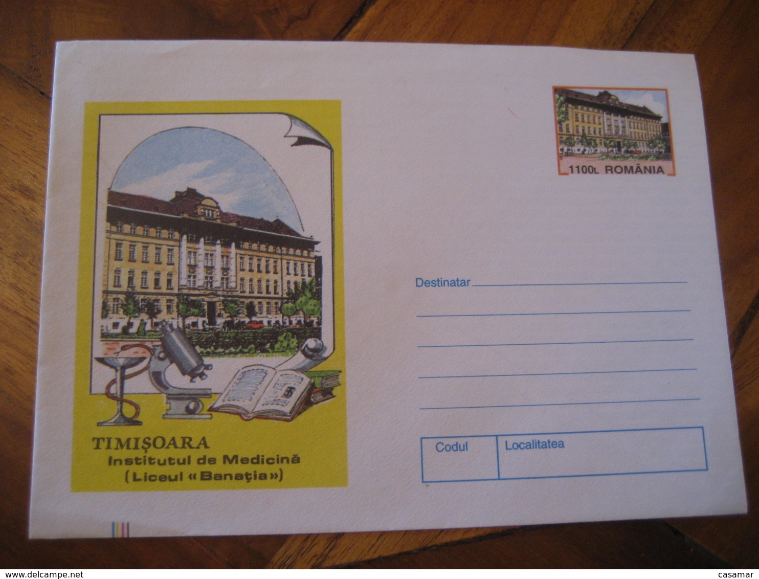 TIMISOARA 1999 Institutul De Medicina Postal Stationery Cover ROMANIA Microscope Science Optics Health Sante - Maladies