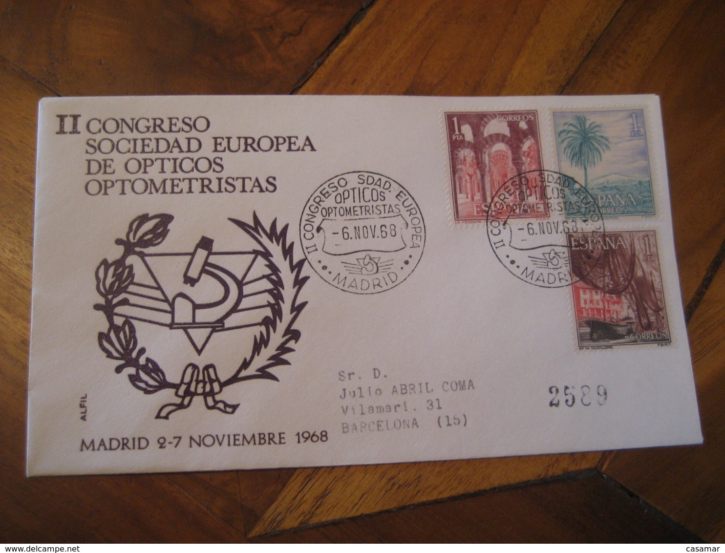 MADRID 1968 Opticos Optometristas Cancel Cover SPAIN Microscope Science Optics Health Sante - Maladies