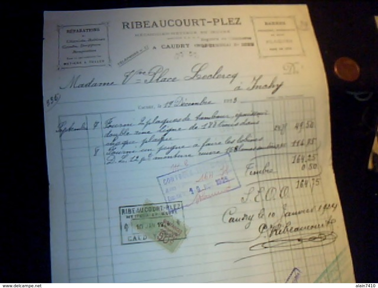 Fiscal De 50ct Quitances  Facture RIbeaucour Plez Reparations à Caudry  Annee 1923 - Covers & Documents