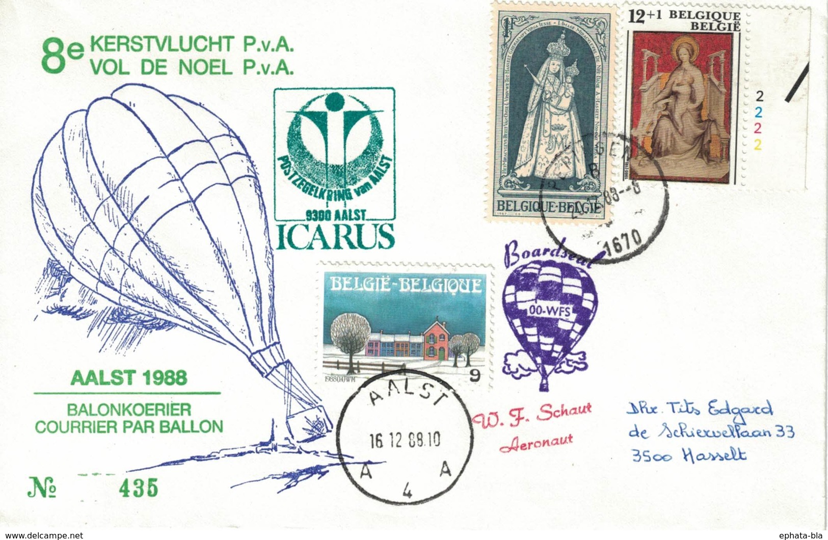 Courrier Par Ballon (montgolfière). 1988. Aalst => Beringen. Pilote: Fr. Schaut. Vol De Noël. Icarus. - Other & Unclassified