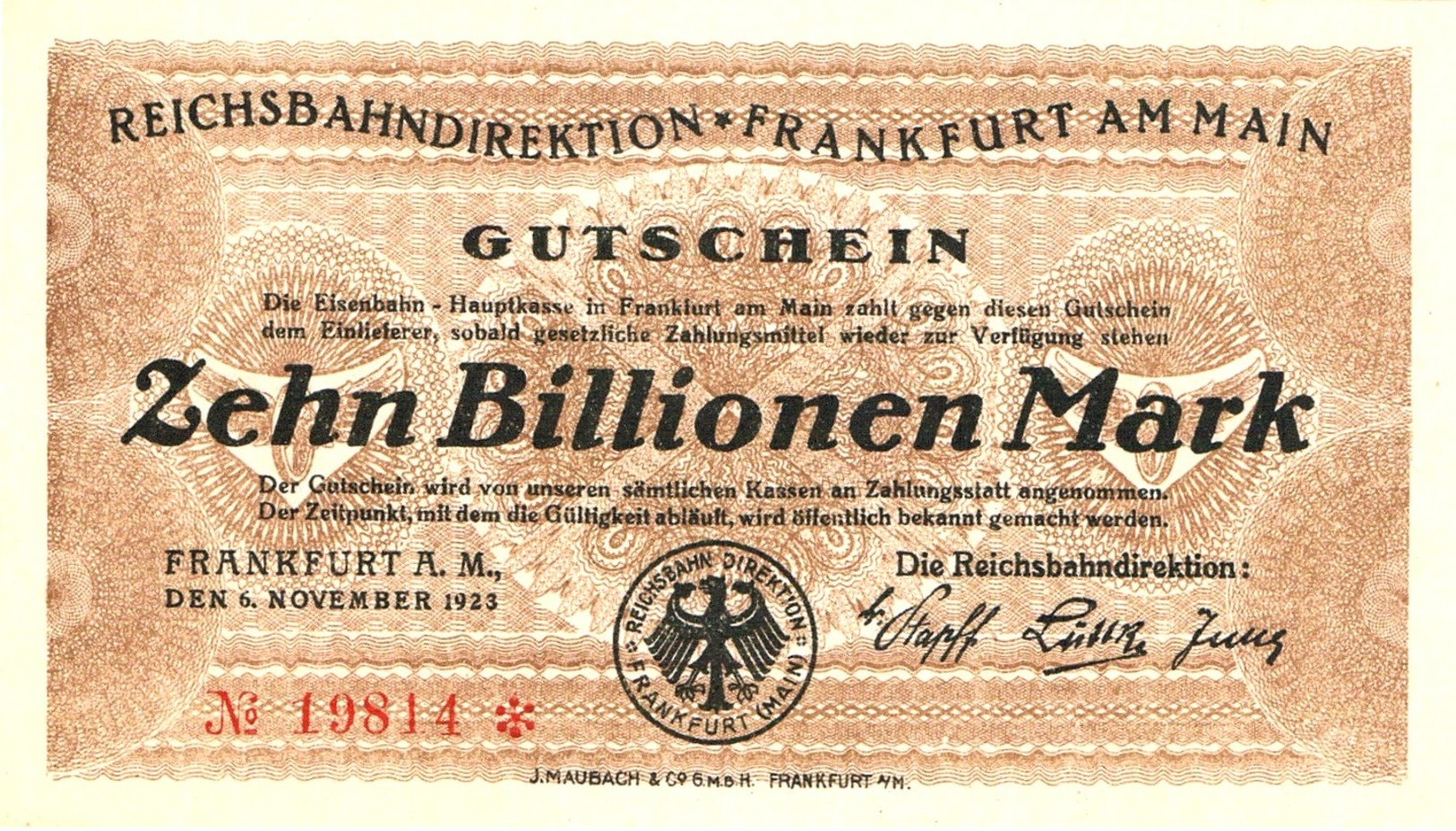 Notgeld Deutsche Reichsbahn Frankfurt Am Main 10 Billionen Mark 1923 - Bankfrisch - 10 Billionen Mark