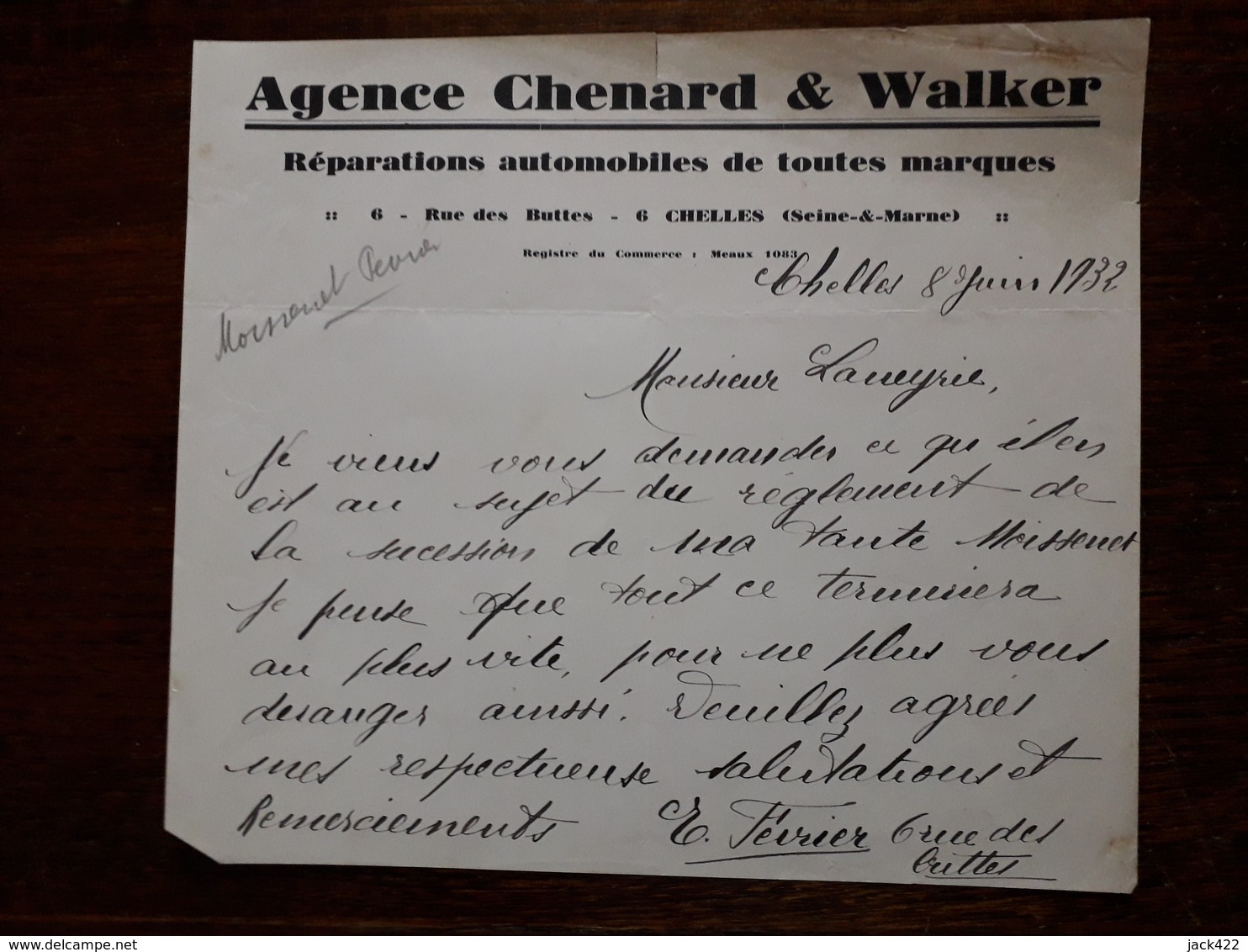 L15/58 Lettre Ancienne Chelles. Agence Chenard Et Walker . Réparations Automobiles De Toutes Marques. 1932 - 1900 – 1949