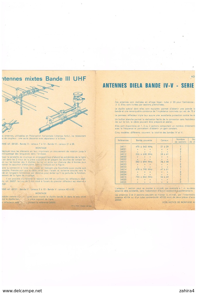 DIELA  Paris 12e Antenne Mixte Bande III UHF  Bande IV-V Serie 240 - Notice De Montage - Advertising