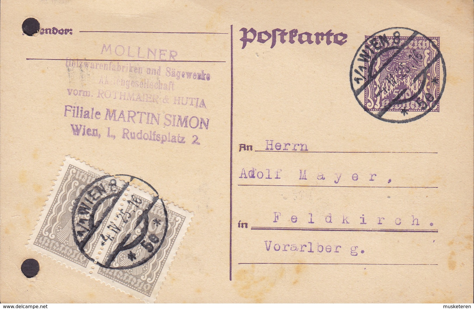 Austria Uprated Postal Stationery Ganzsache Entier 500 Kr Wappenadler WIEN 1925 FELDKIRCH Voralberg (2 Scans) - Sonstige & Ohne Zuordnung