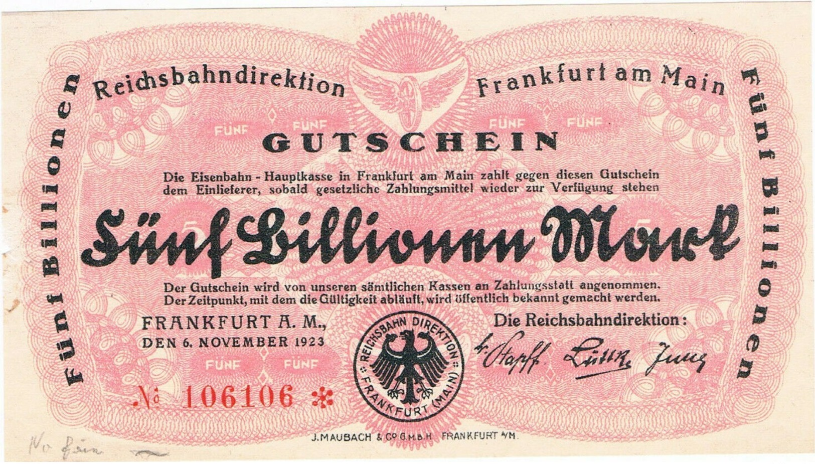 Notgeld Deutsche Reichsbahn 5 Billionen Mark Frankfurt/Main - 5 Billionen Mark