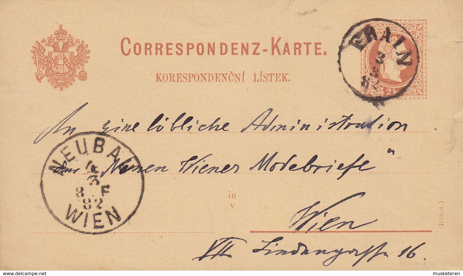 Tschechien Böhmen Vorläufer Austria Postal Stationery Ganzsache Korespondencni Listek FRAIN (Vranov Nad Dyjí) 1882 WIEN - Briefe U. Dokumente