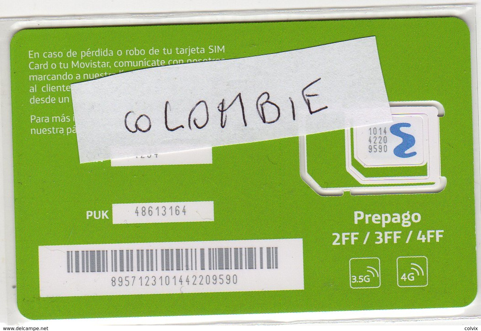 COLOMBIE CARTE GSM MOVISTAR VERSO NUMEROTEE - Colombie