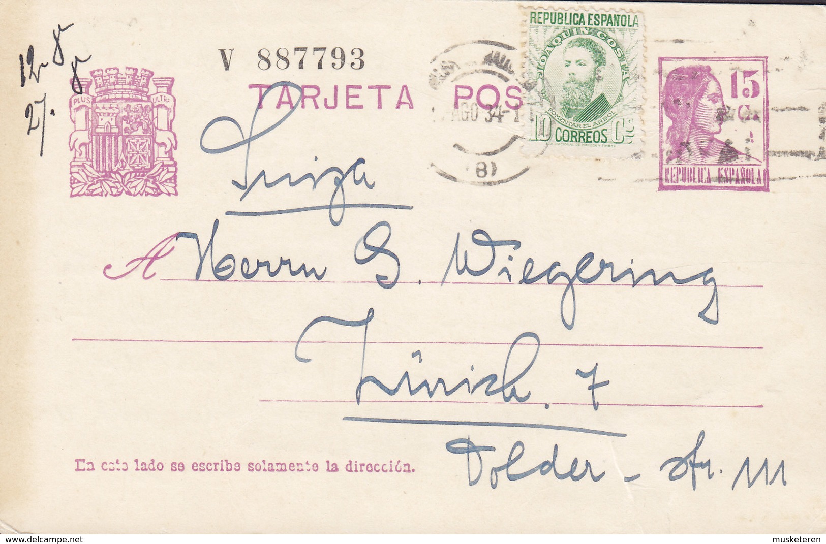 Spain Uprated Postal Stationery Ganzsache Entier Sinnbild Der Republik TMS Cds. 1934 To ZÜRICH Switzerland (2 Scans) - 1931-....