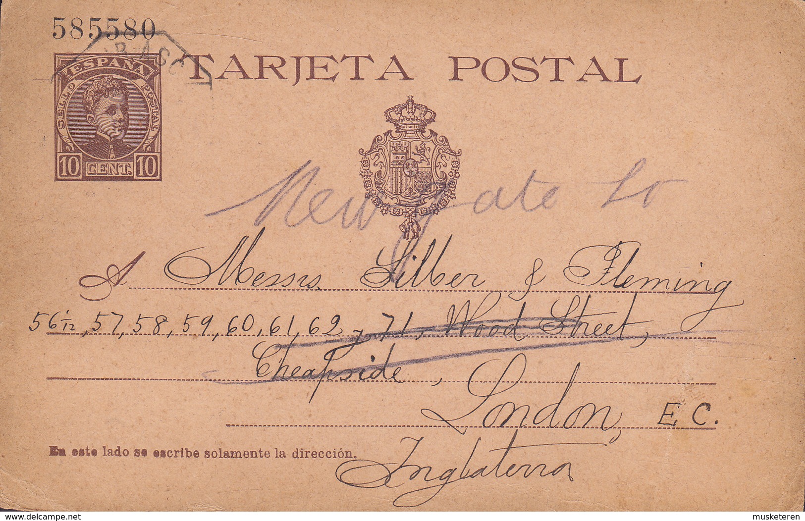 Spain Postal Stationery Ganzsache Entier 10 Cs Alphonse XIII. Violettbraun AGUILAS Murcia 1902 LONDON England (2 Scans) - 1850-1931