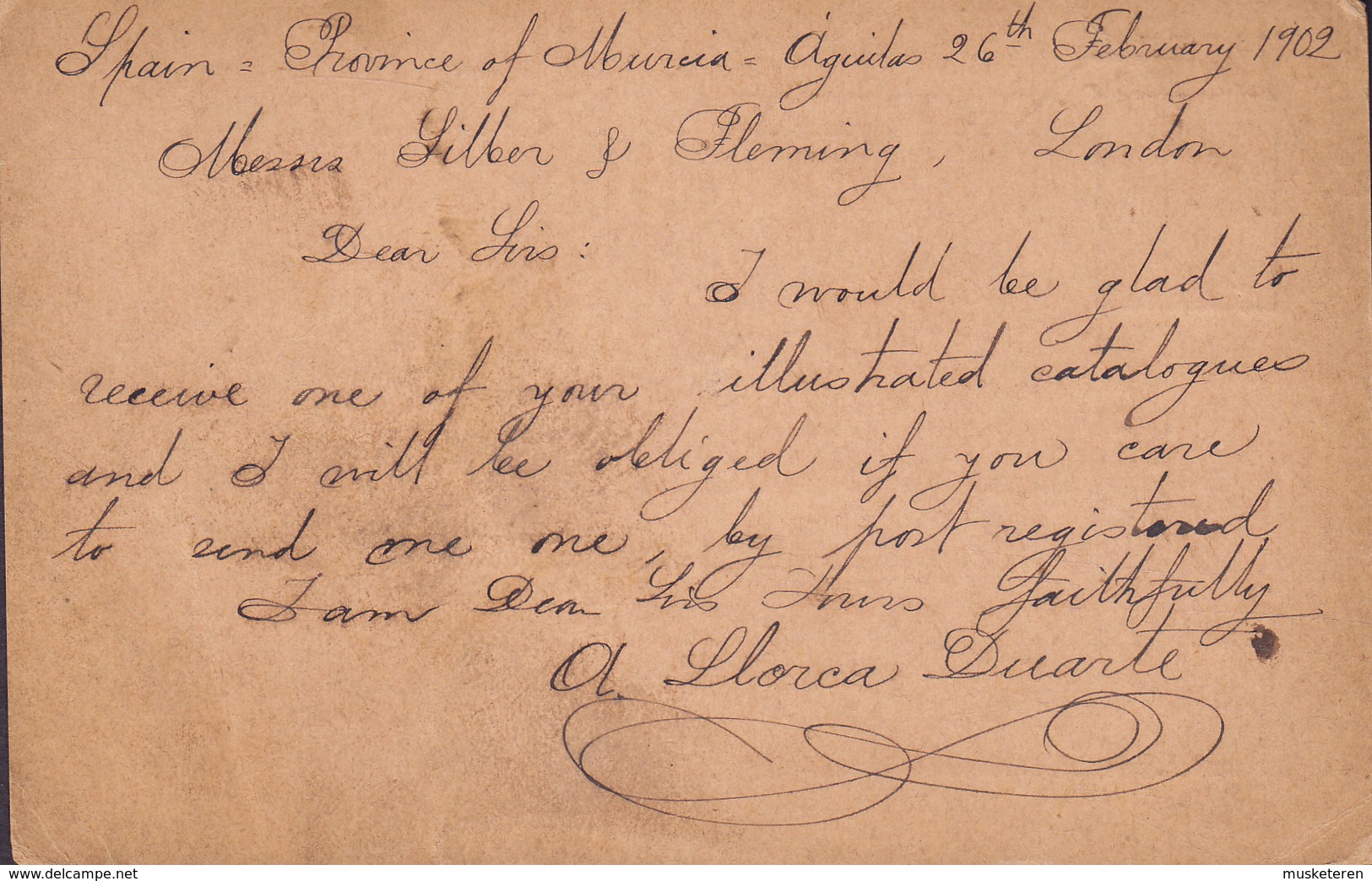 Spain Postal Stationery Ganzsache Entier 10 Cs Alphonse XIII. Violettbraun AGUILAS Murcia 1902 LONDON England (2 Scans) - 1850-1931