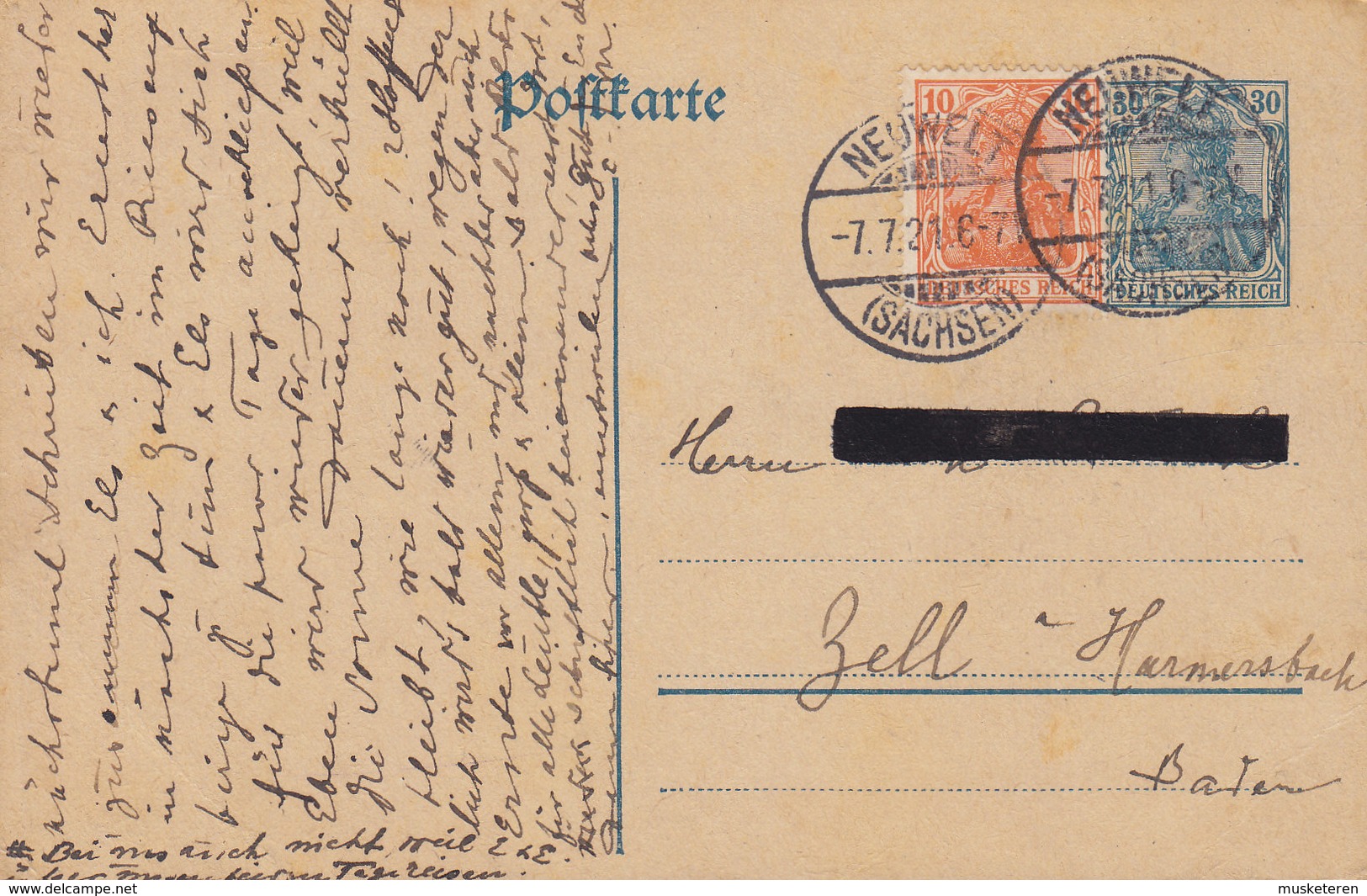 Deutsches Reich Uprated Postal Stationery Ganzsache 30 Pf. Germania NEUWELT (Sachsen) 1921 ZELL-HARMERSBACH - Briefkaarten