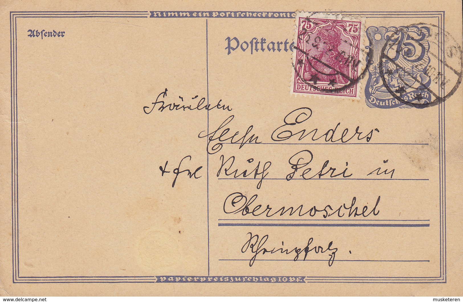 Deutsches Reich Uprated Postal Stationery Ganzsache Entier 75 Pf. Postreiter Baden-Baden 1922 (2 Scans) - Briefkaarten