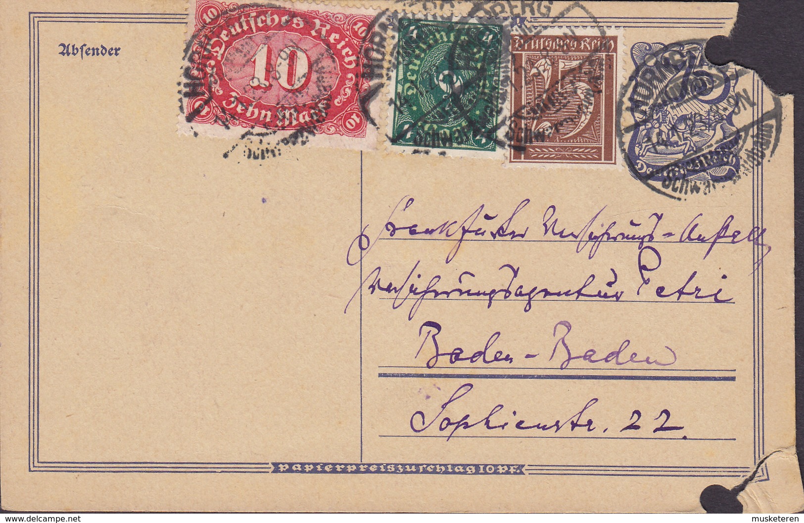 Deutsches Reich Uprated Postal Stationery Ganzsache Entier 75 Pf. Postreiter HORNBERG 1923 (2 Scans) - Briefkaarten