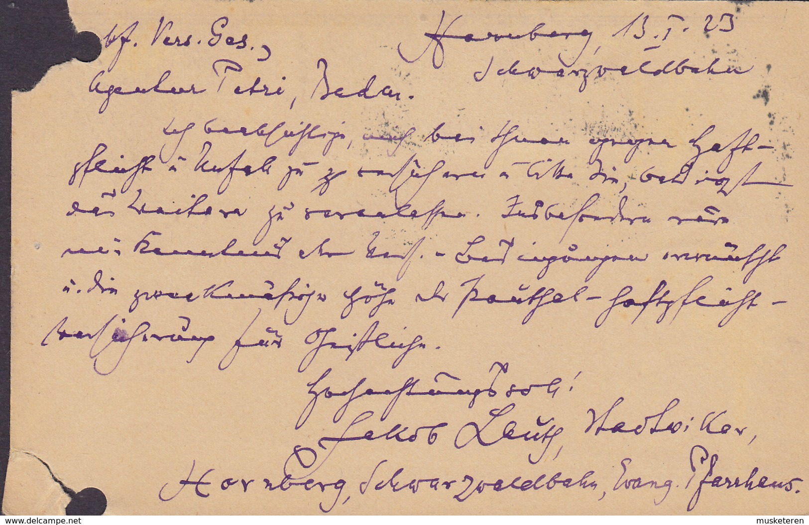 Deutsches Reich Uprated Postal Stationery Ganzsache Entier 75 Pf. Postreiter HORNBERG 1923 (2 Scans) - Cartoline