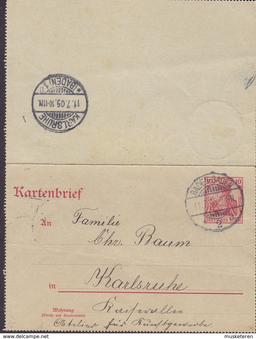 Germany Deutsches Reich Postal Stationery Ganzsache Entier Germania Kartenbrief BADEN-BADEN 1905 KARLSRUHE (Baden) - Sonstige & Ohne Zuordnung