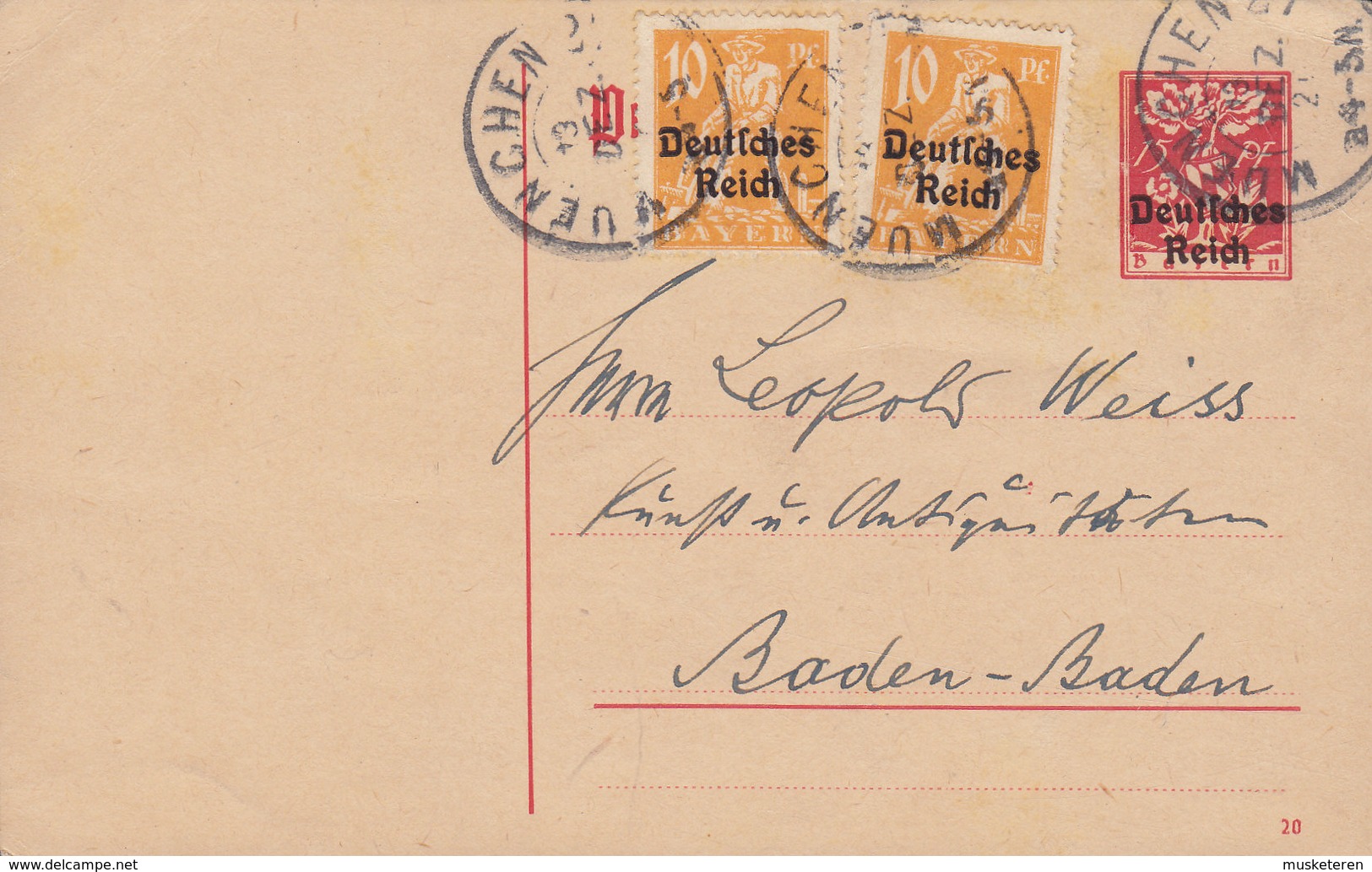 Bayern/Germany Deutsches Reich Aufdruck  Uprated Postal Stationery Ganzsache (20) MUENCHEN 1920 BADEN-BADEN (2 Scans) - Cartes Postales