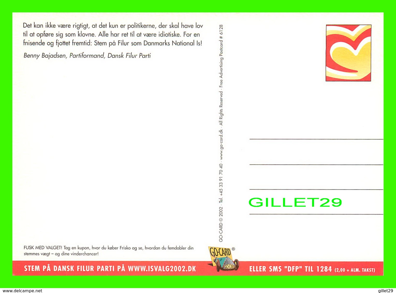 PUBLICITÉ, ADVERTISING - DANSK FILUR PARTI - STOP SURMULERIET, 2002 - GO-CARD No 6128 -- - Publicité