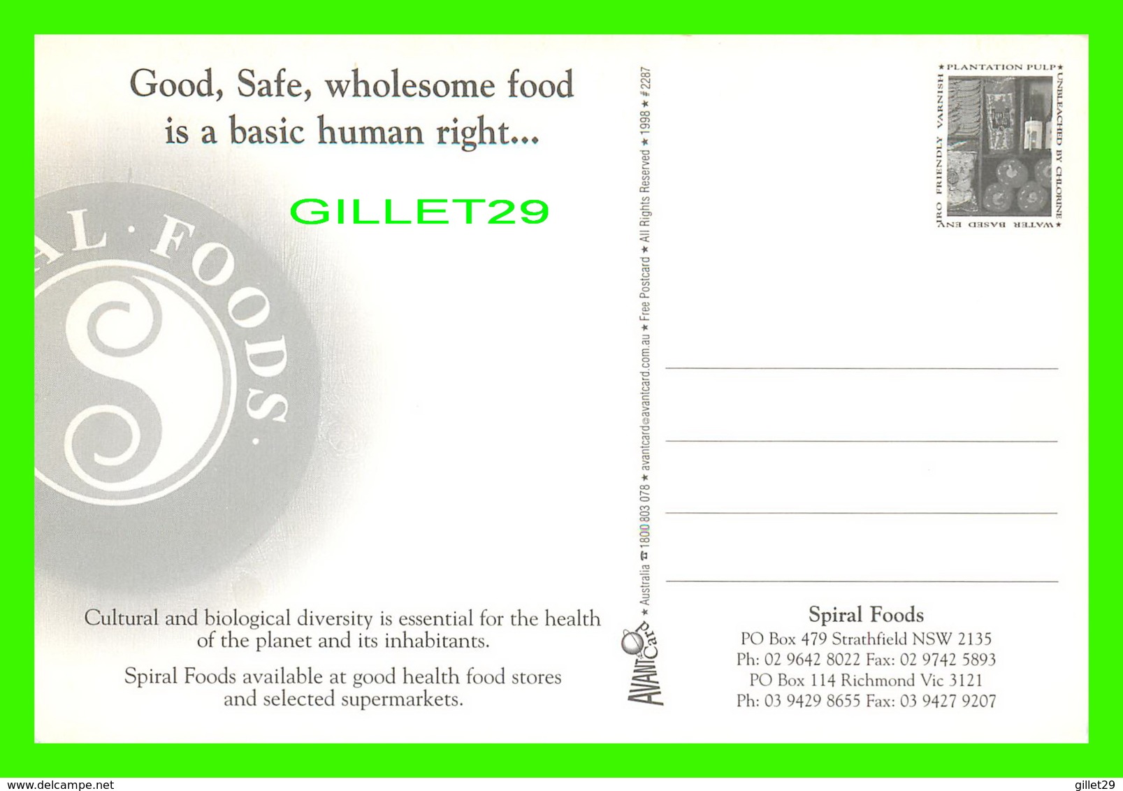 PUBLICITÉ, ADVERTISING - SPIRAL FOODS - AVANT-CARD 1998 No 2287 - - Publicité