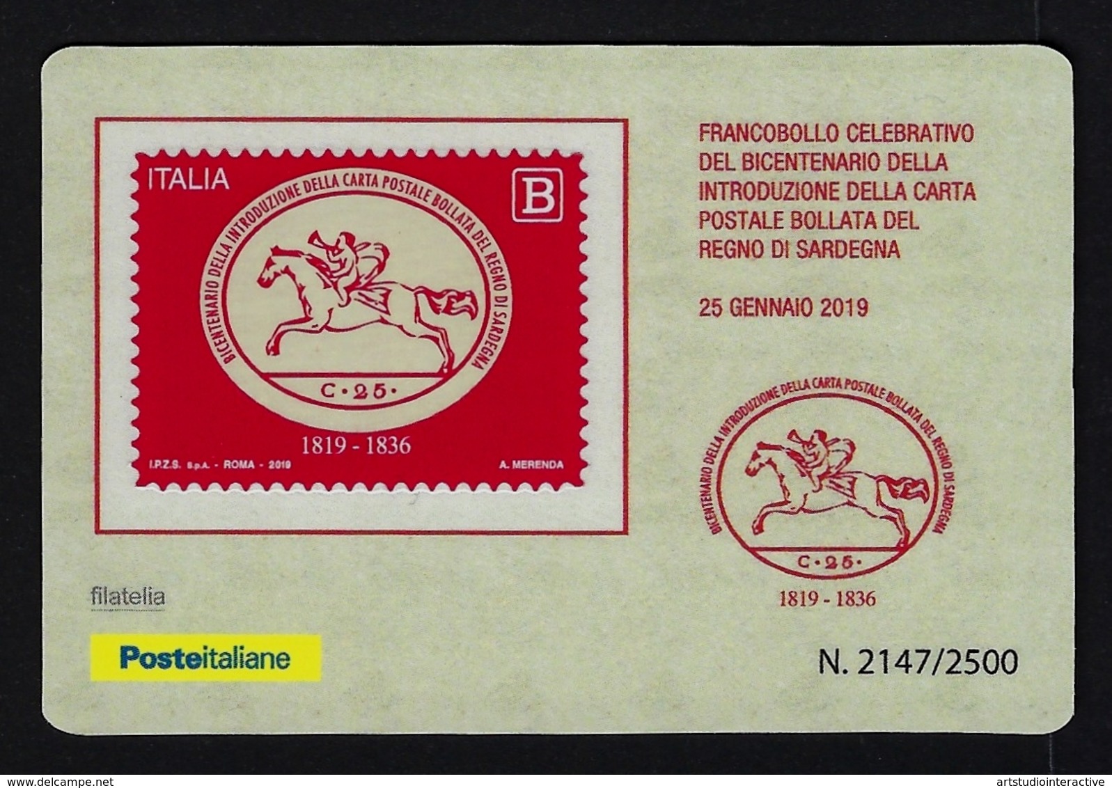 2019 ITALIA "BICENTENARIO CARTA POSTALE BOLLATA DEL REGNO DI SARDEGNA" TESSERA FILATELICA - Tessere Filateliche