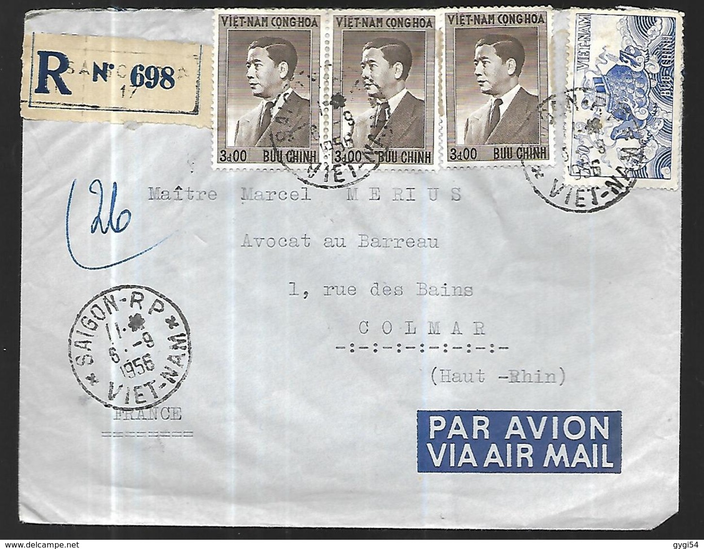 Vietnam Lettre Recommandée  Par Avion  De Saïgon Du 06 09 1956 Pour Colmar  68  Cachet Arrivée 10 09 1956 - Vietnam