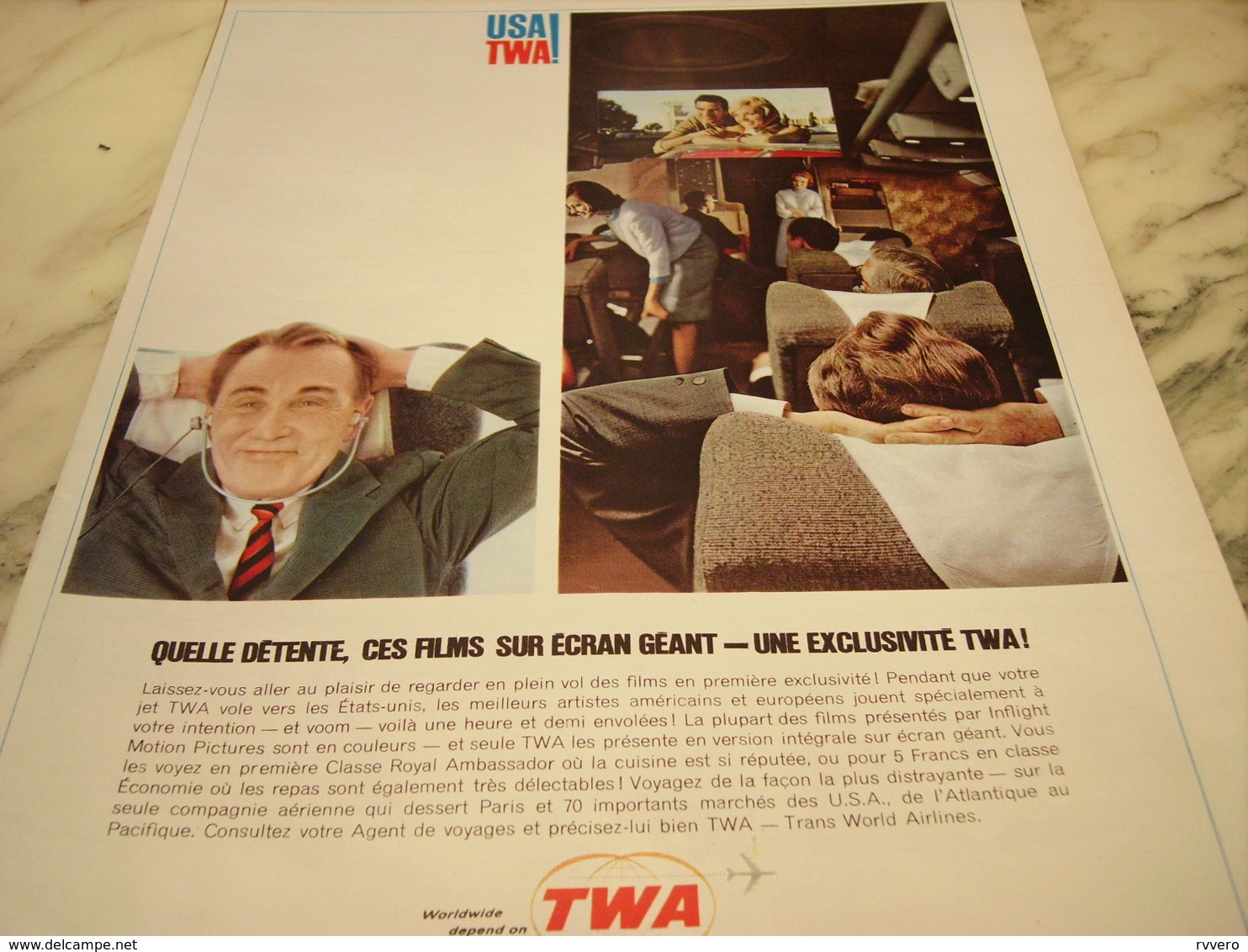 ANCIENNE PUBLICITE ECRAN GEANT EXCLUSIVITE TWA 1965 - Publicités