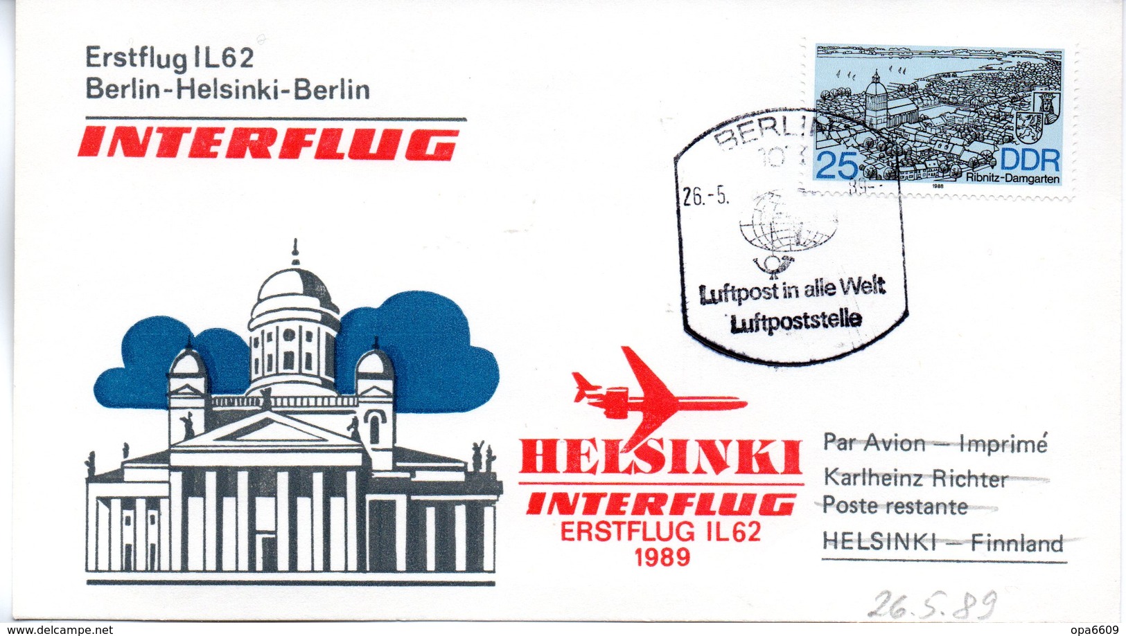 (DDR-B3) DDR Sonderkarte "INTERFLUG Erstflug IL62 Berlin-Helsinki-Berlin" EF Mi 3163, SSt. 30.5.1989 BERLIN 7 - Briefe U. Dokumente