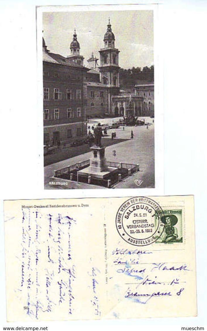 Österreich, 1953, AK Salzburg-Mozart Denkmal,Residenzbrunnen Und Dom, Frankiert Mit S 1,-- Trachten Grün + SStpl. (12949 - Salzburg Stadt