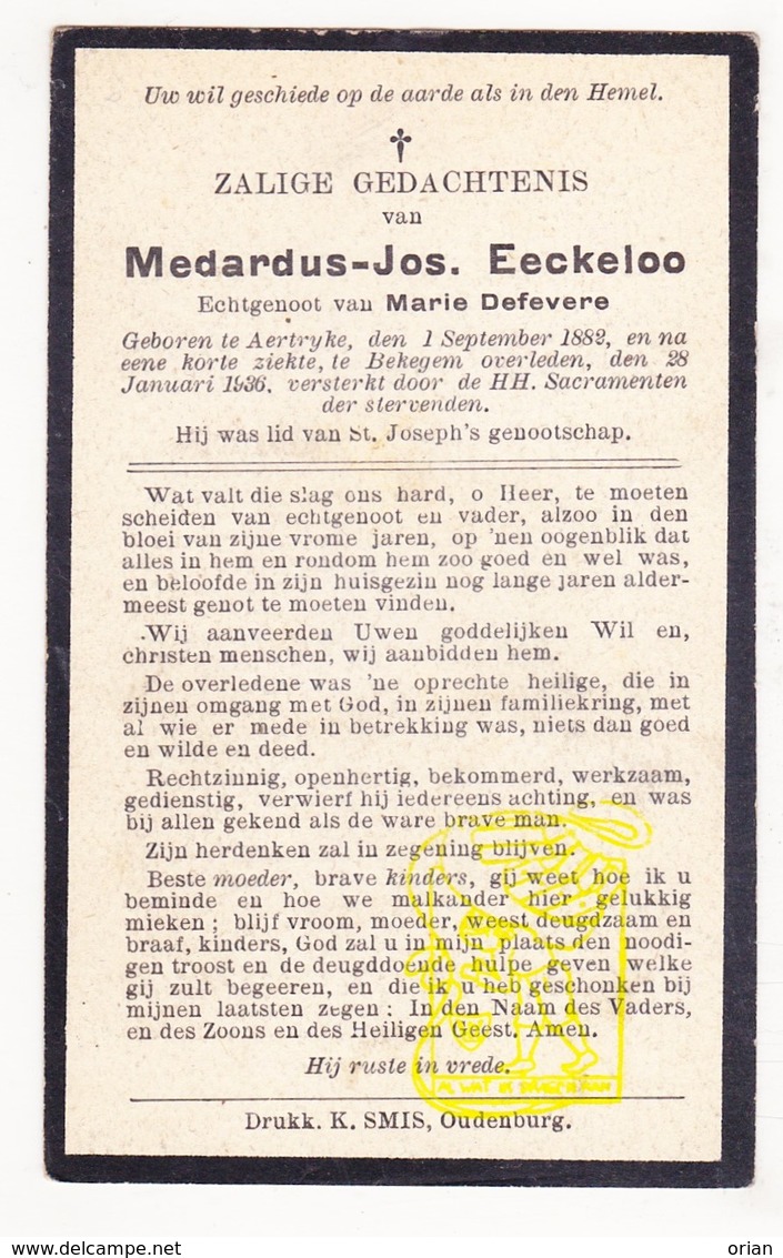 DP Medardus J. Eeckeloo ° Aartrijke Zedelgem 1882 † Bekegem Ichtegem 1936 X M. DeFevere - Images Religieuses