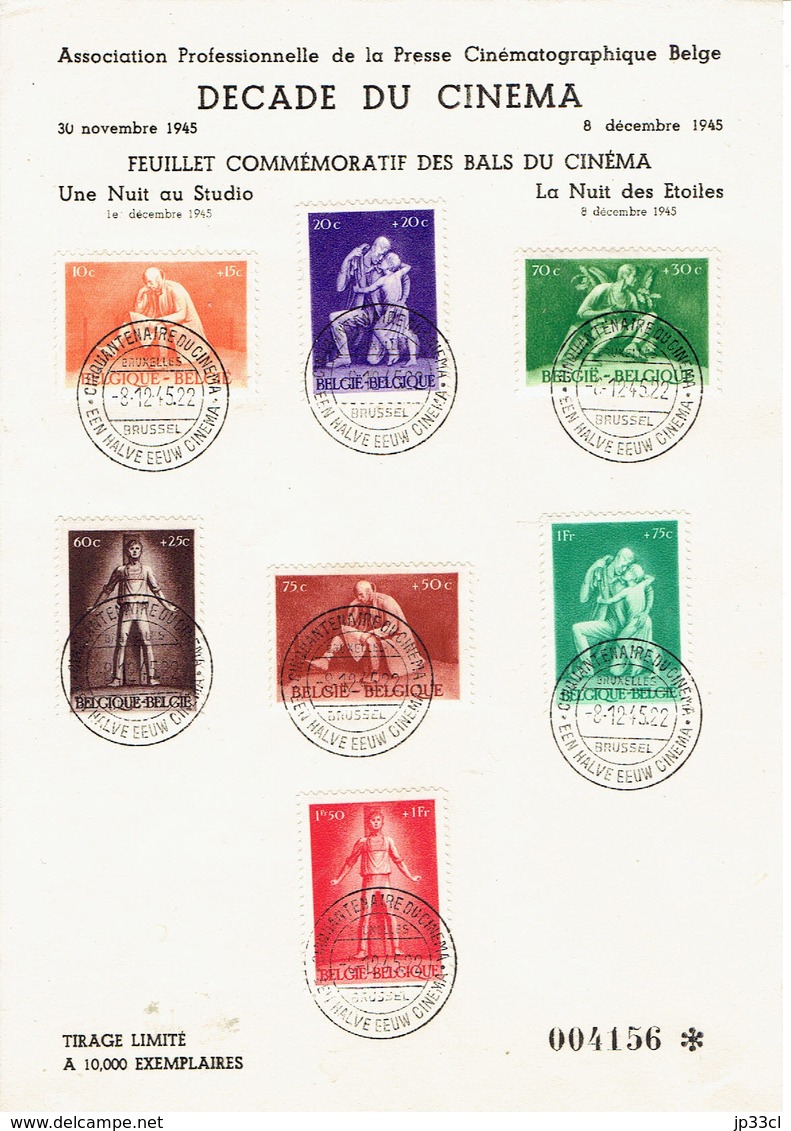 Feuillet Commémoratif Numéroté 004156 DECADE Du CINEMA 30/11/1945 (tirage 10 000 Ex.) Timbres COB 701/707 - Autres & Non Classés