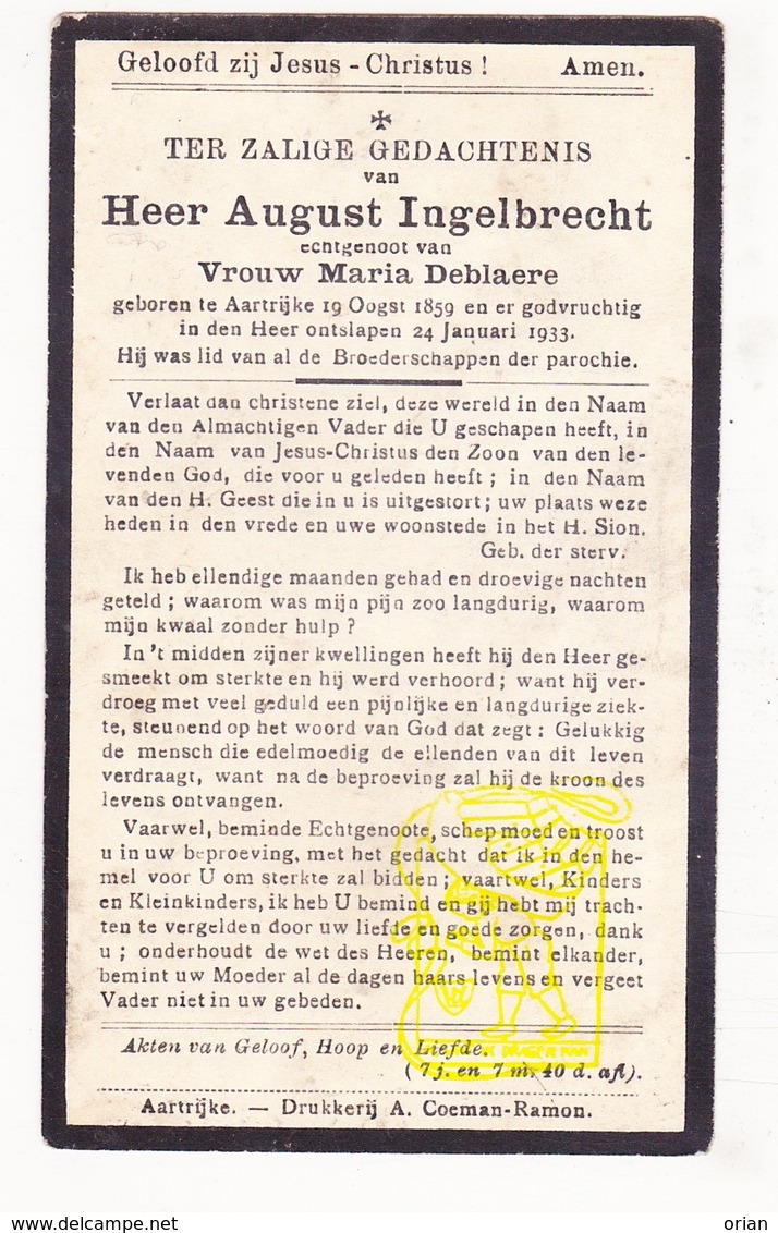 DP August Ingelbrecht ° Aartrijke Zedelgem 1859 † 1933 X Maria DeBlaere - Images Religieuses