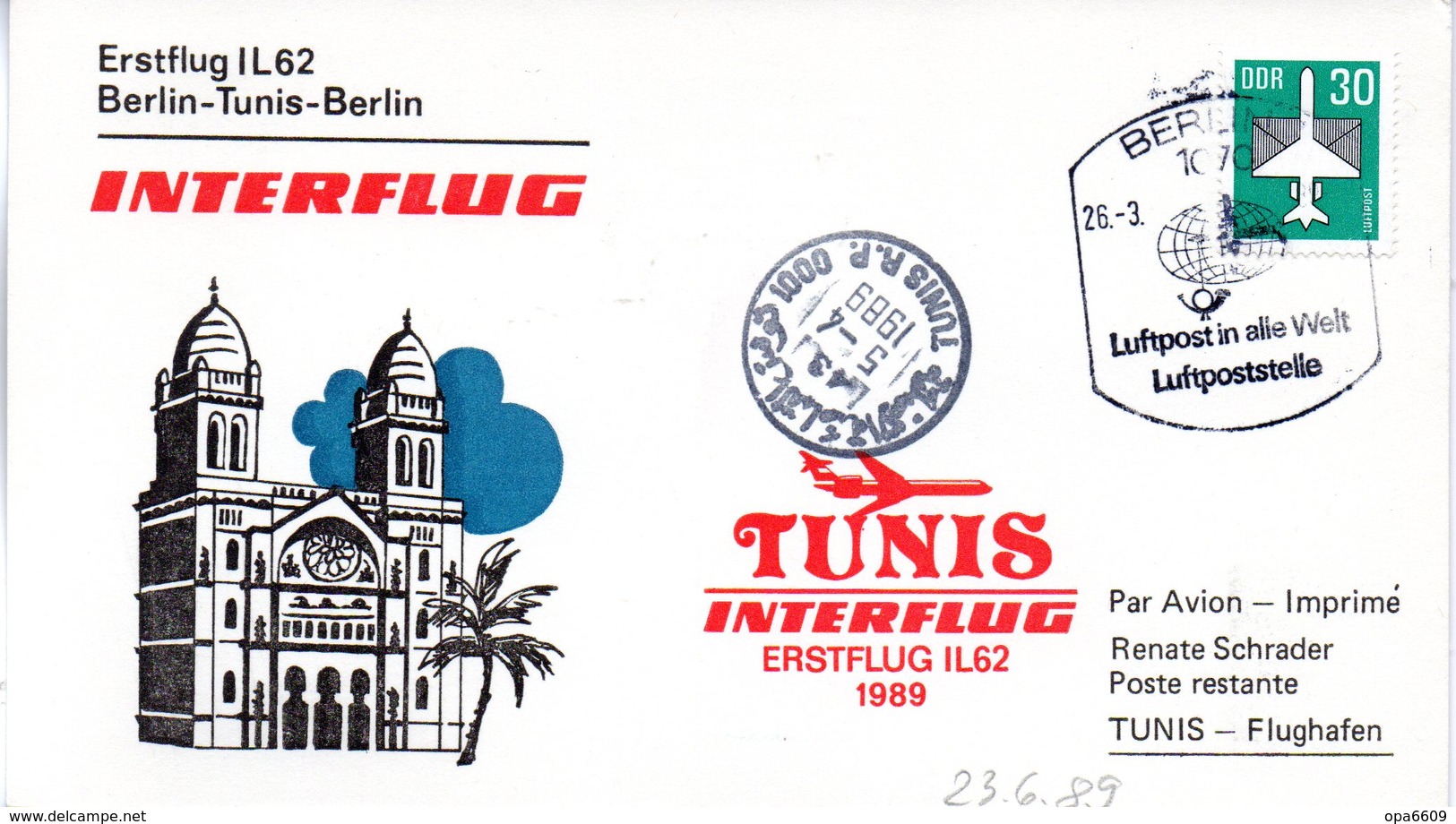 (DDR-B3) DDR Sonderkarte "INTERFLUG Erstflug IL62 Berlin-Tunis-Berlin" EF Mi 2751, SSt. 26.3.1989 BERLIN 7 - Briefe U. Dokumente