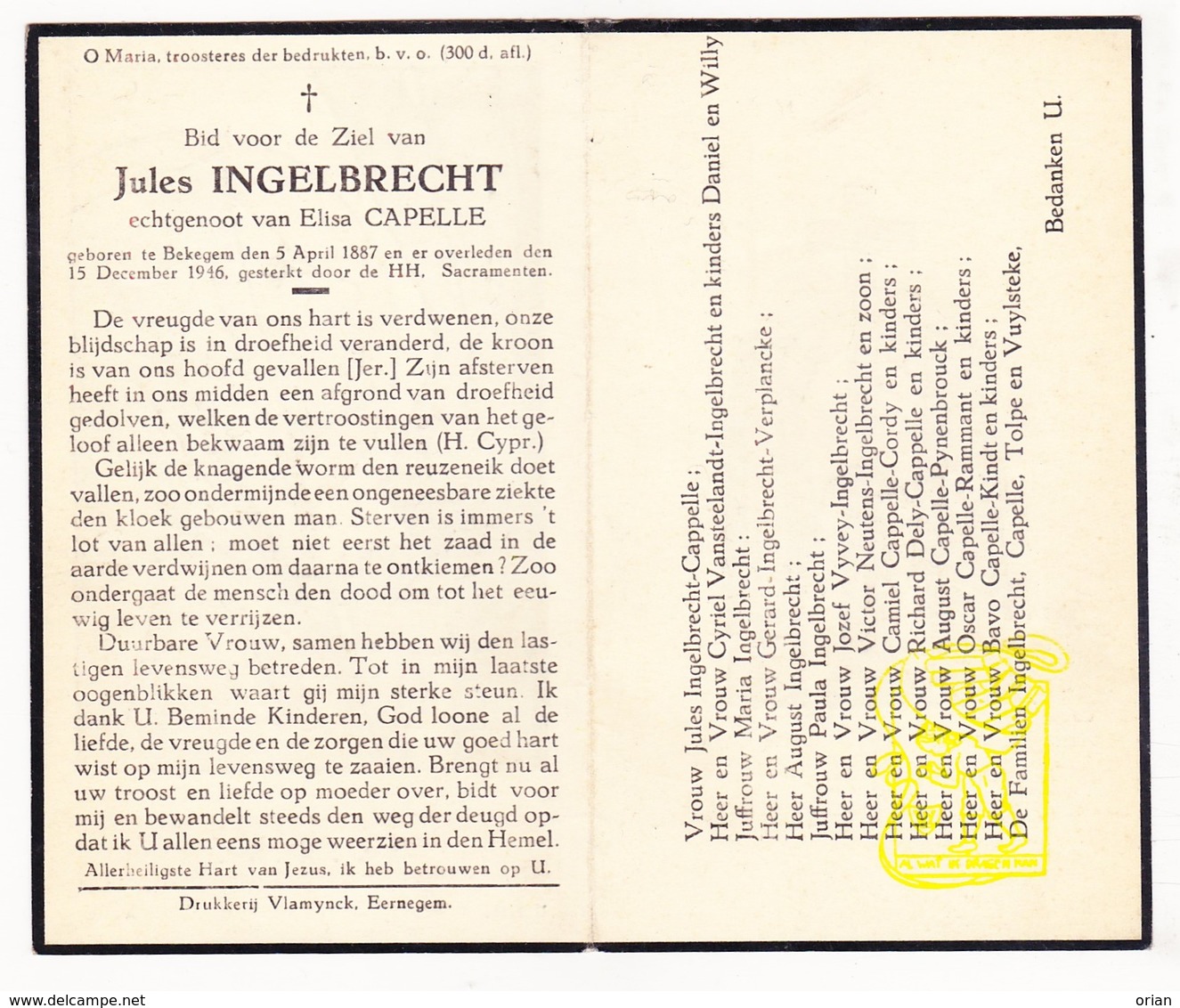 DP Jules Ingelbrecht ° Bekegem Ichtegem 1887 † 1946 X Elisa Capelle / Van Steelandt Vyvey Neutens Cordy Pynenbrouck Dely - Images Religieuses