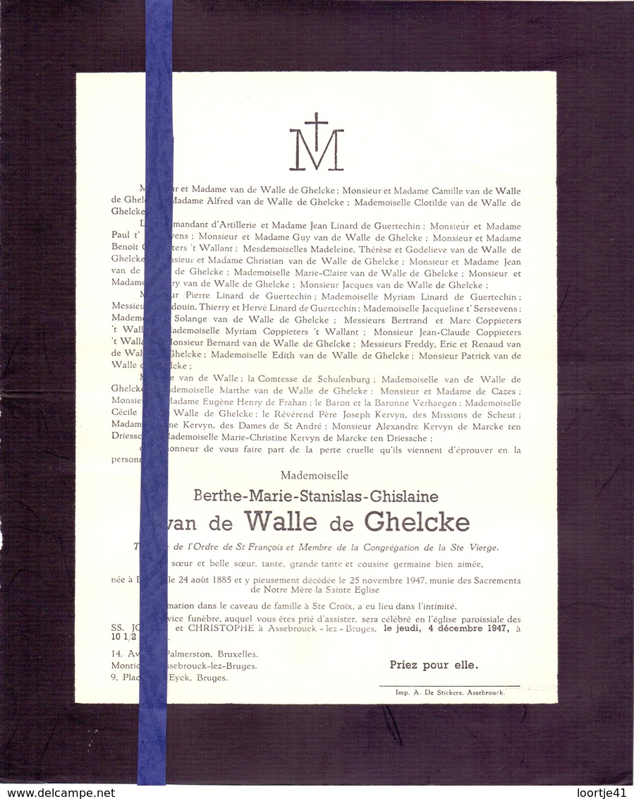 Devotie Devotion Doodsbrief Adel Noblesse - Berthe Van De Walle De Ghelcke - Bruges Brugge 1885 - 1947 - Avvisi Di Necrologio