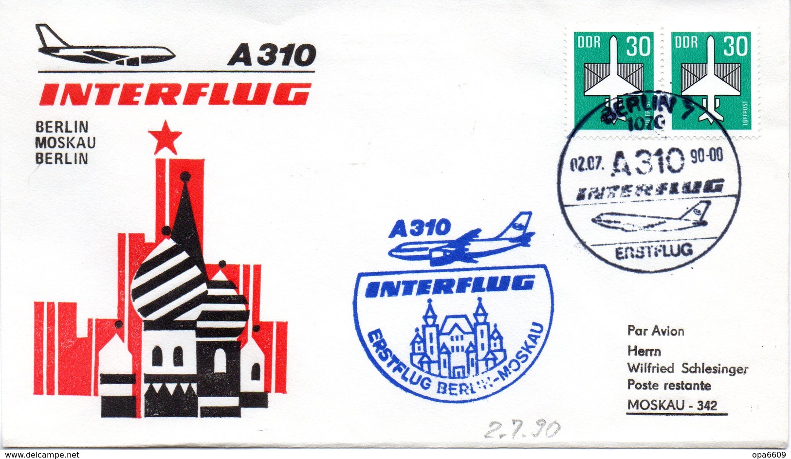 (DDR-B3) DDR Sonderumschlag "INTERFLUG Erstflug A310 Berlin-Moskau-Berlin" MeF 2x Mi 2751, SSt. 2.7.1990 BERLIN 7 - Briefe U. Dokumente